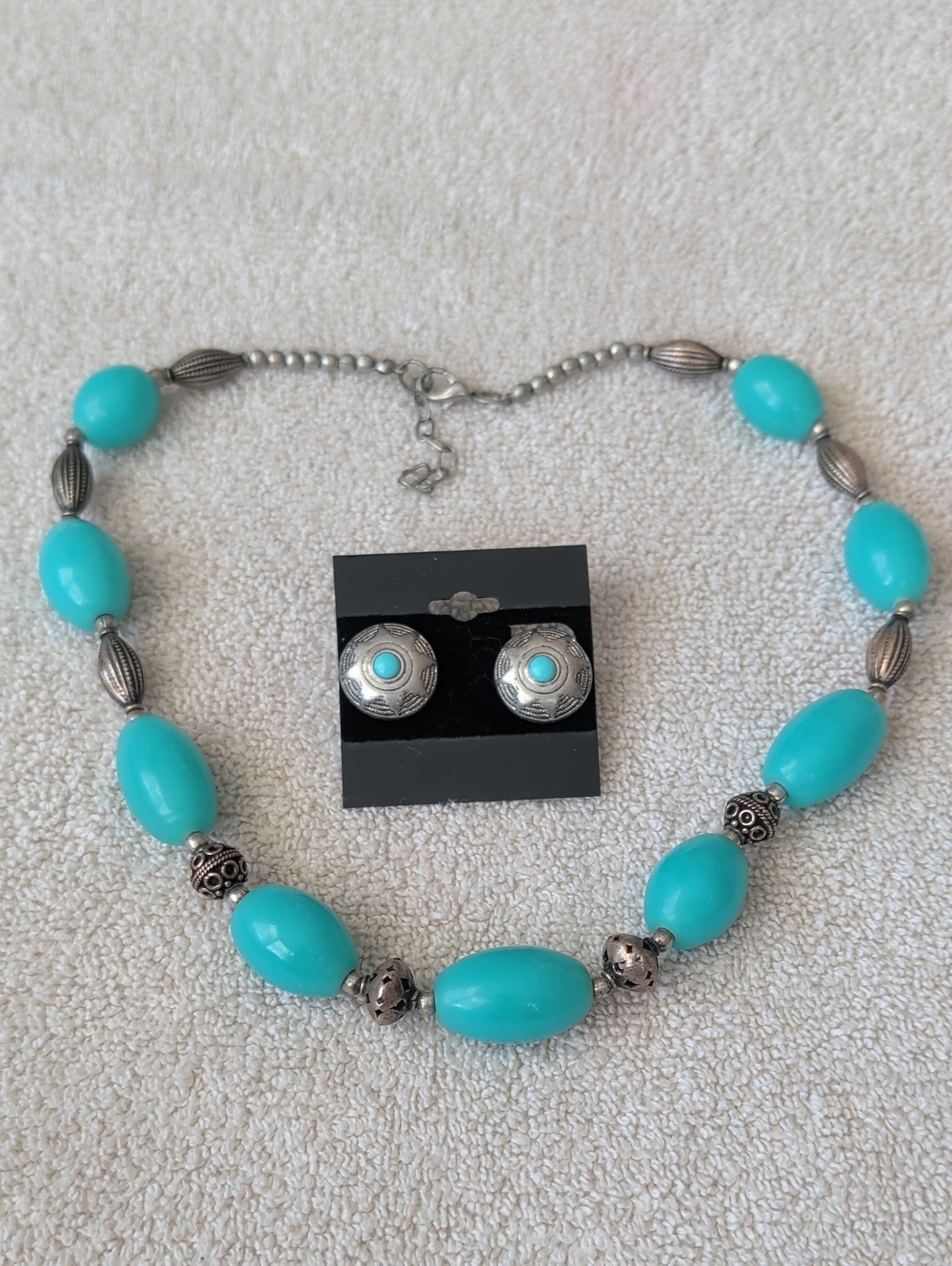Southwestern Turquoise Bead Necklace and Stud Earrings Set - Women Jewelry